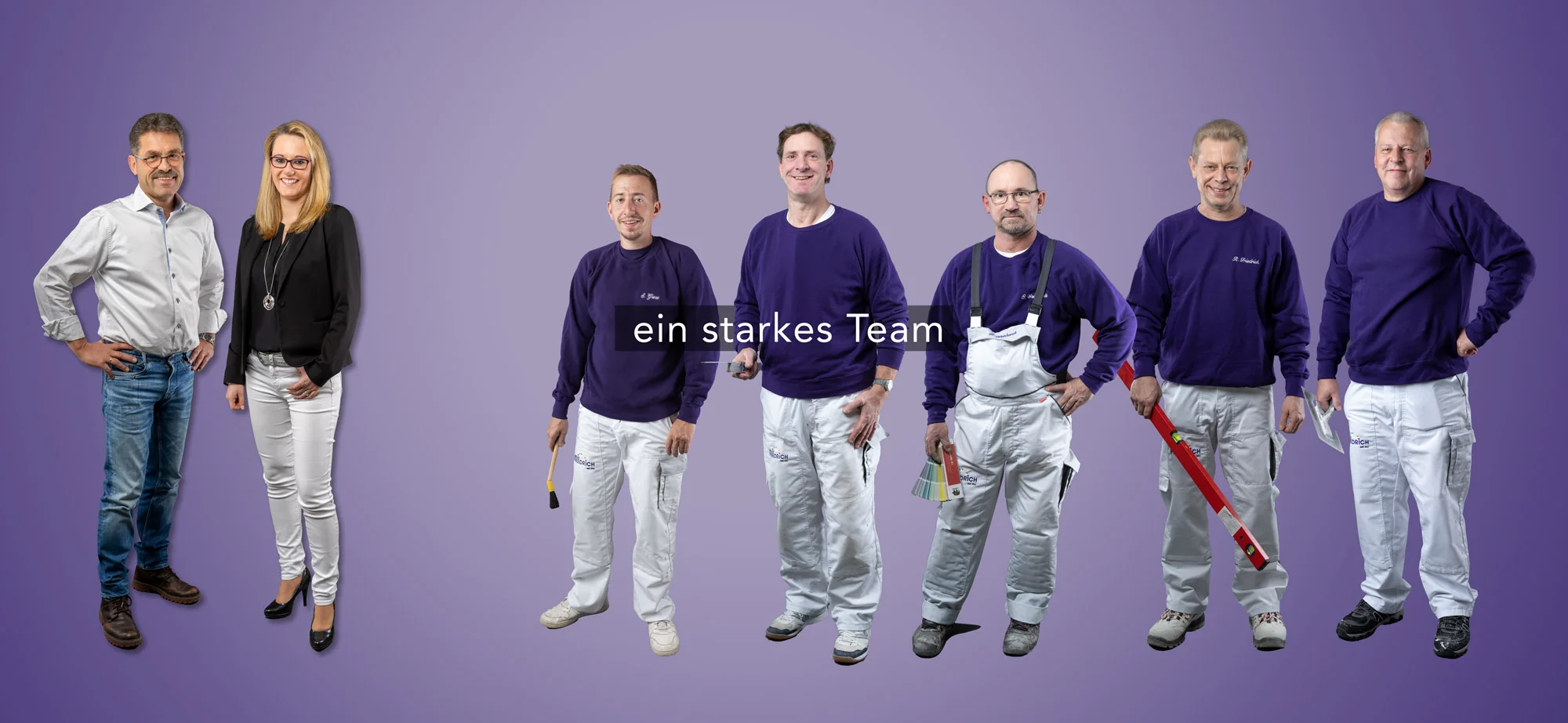 Das Team von Maler Friedrich: Udo und Daniela Friedrich mit fünf Malern in Arbeitskleidung